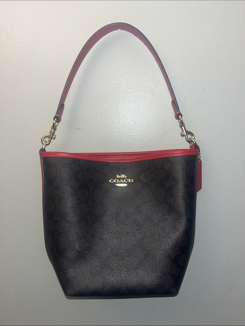Coach Brown Signature Shoulder Bag with Red Trim